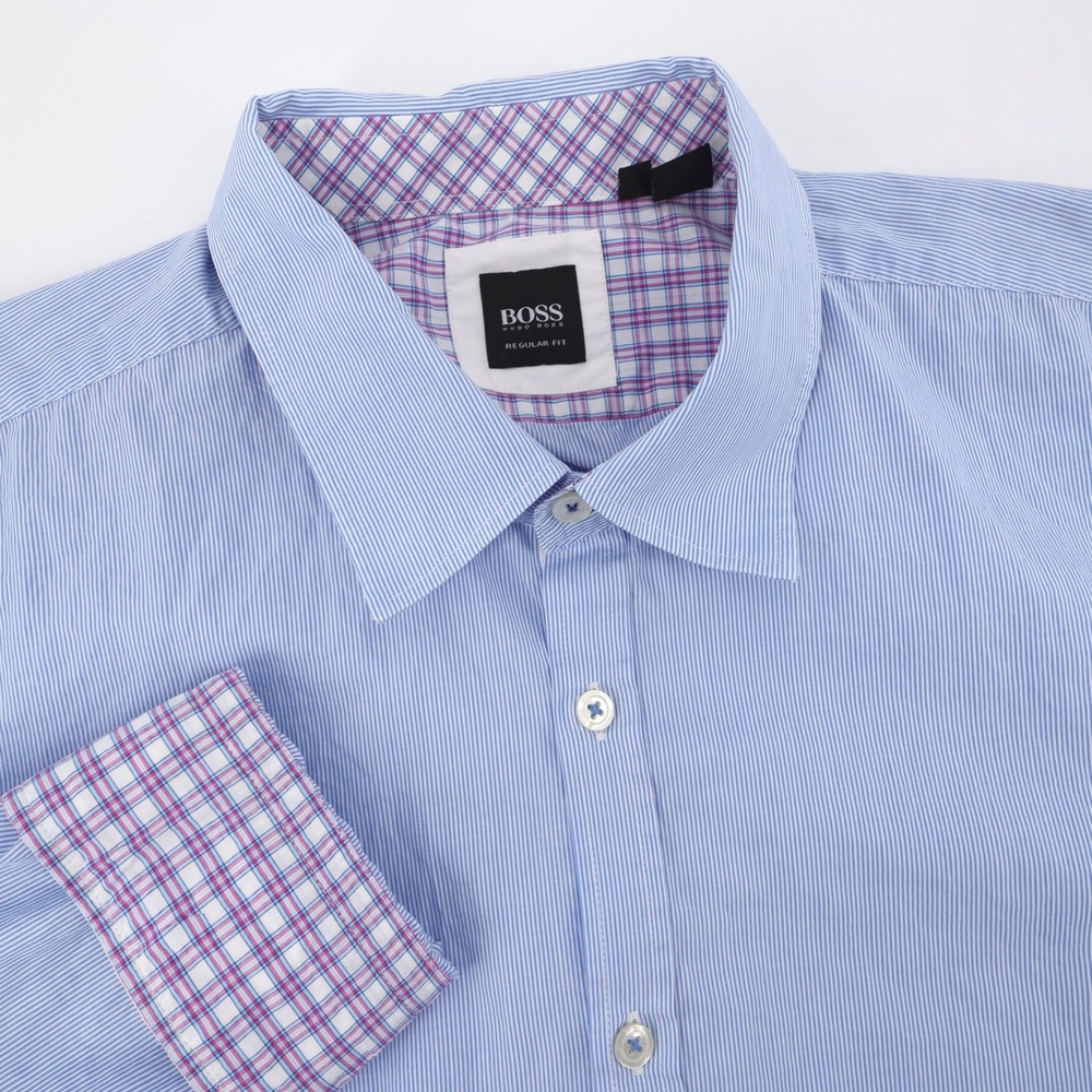 Hugo Boss Flip Cuff Pinstripe Button Front Shirt Blue Long Sleeve Mens XXL